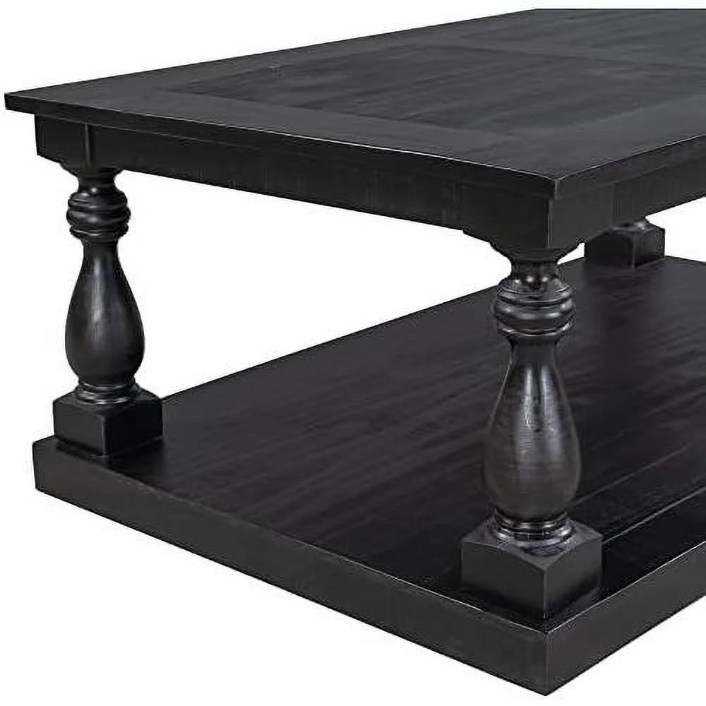 Rustic Floor Shelf Coffee Table Farmhouse Rustic With Storage Shelf For Living Room,Solid Pine Wood,Black