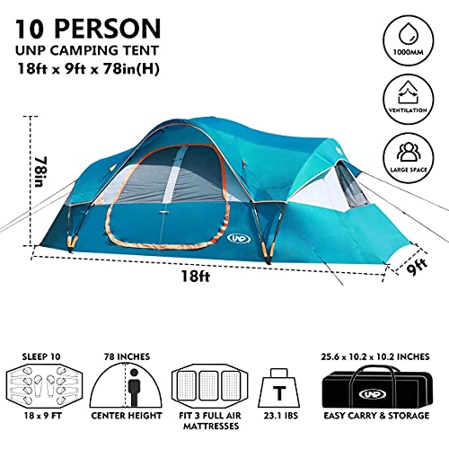 UNP Camping Tent 10-Person-Family Tents, Parties, Music Festival Tent, Big, Easy Up, 5 Large Mesh Windows, Double Layer, 2 Room, Waterproof