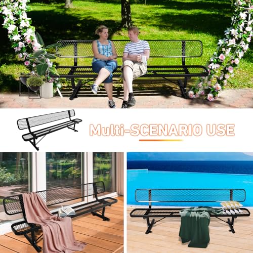 8FT Heavy Duty Park Bench with Back Portable Frame, Outdoor Metal Park Bench with Backrest, Steel Mesh Outdoor Bench for Garden, Lawn, Patio, Porch