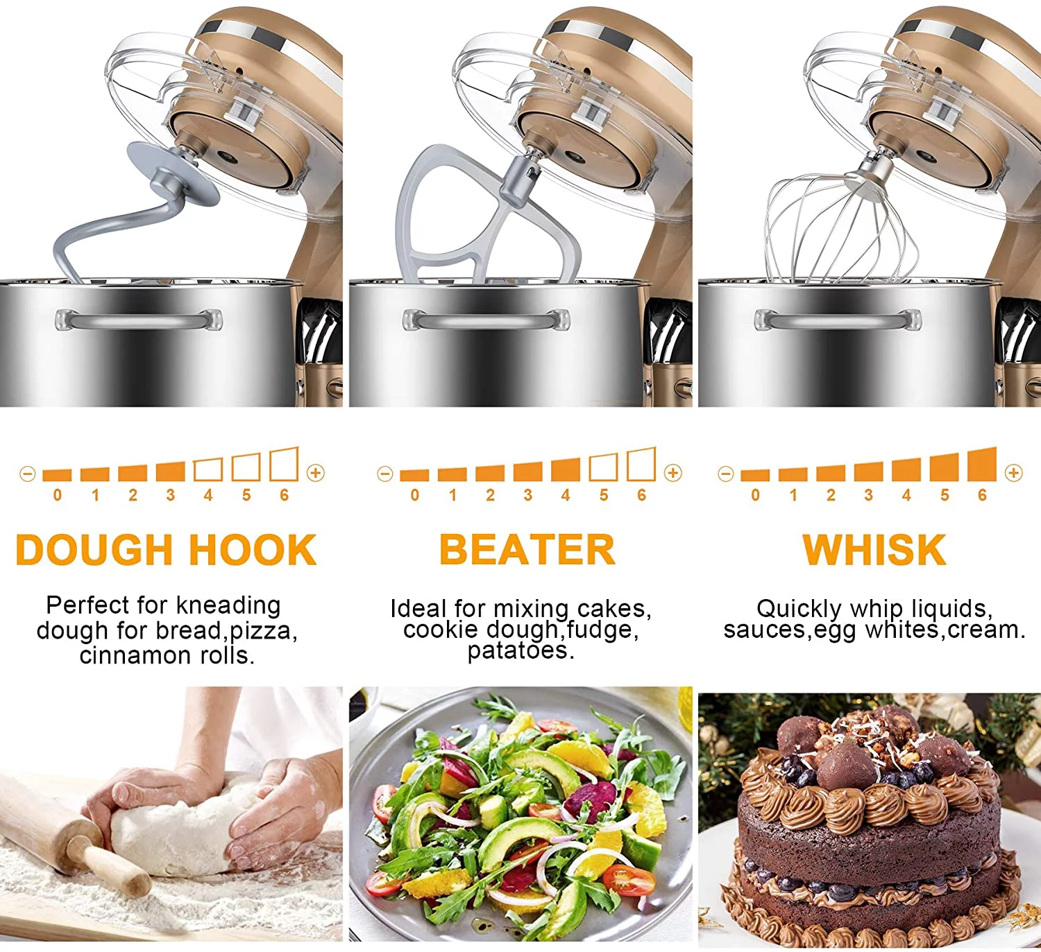 HOWORK Stand Mixer, 8.45 QT Bowl 660W Food Mixer, Multi Functional Kitchen Electric Mixer With Dough Hook, Whisk, Beater (8.45 QT, Champagne Gold)