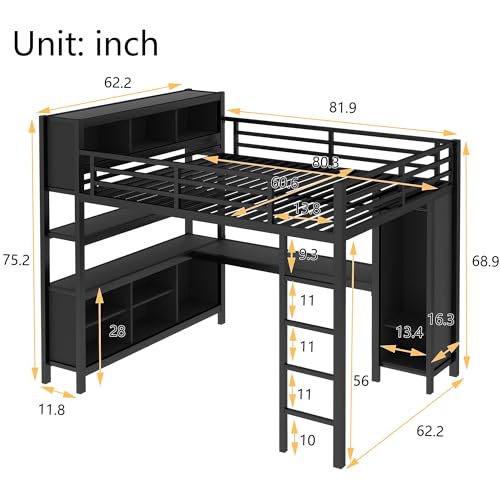 Harper & Bright Designs Full Loft Bed with Desk, Metal Loft Beds with Storage Shelves, Desk, and Wardrobe, Heavy-Duty Loft Bed Frame for Kids, Teens