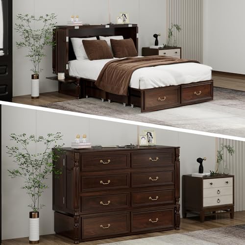 Murphy Bed Cabinet Full, Solid Wood Murphy Bed with 2 USB & 2 Charging Ports, Large Storage Drawer for Home Office or Small Space
