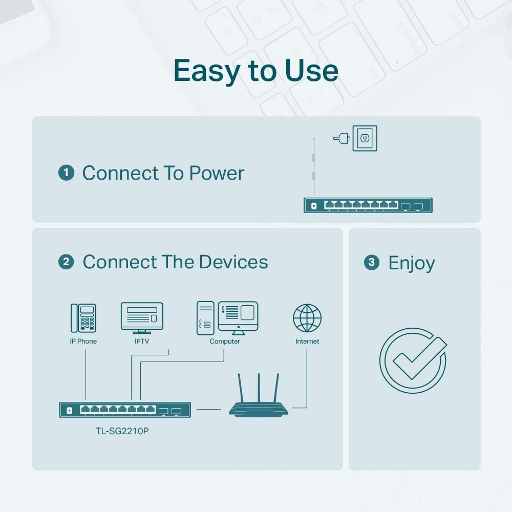 TP-Link TL-SG2210P V3, Jetstream 8 Port Gigabit Smart Managed PoE Switch, 8 PoE+ Ports @61W, 2 SFP Slots, Omada SDN Integrated, PoE Recovery, IPv6