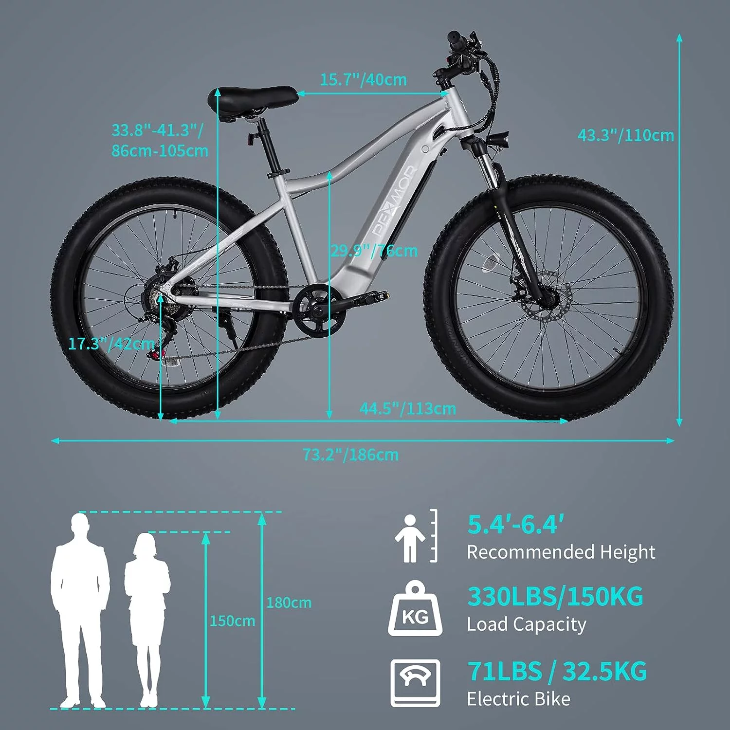 PEXMOR Electric Bike for Adults, 750W Ebike Electric Bicycle for Adults 48V 14AH Removable LG Battery, 26" Fat Tire Snow Beach Mountain E Bike