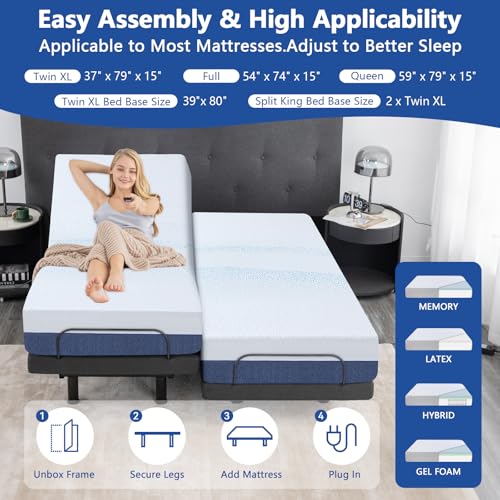 Split King Adjustable Bed Frame with Mattress, 12 Inch Grey Gel Memory Foam Medium-Firm Mattress in Box