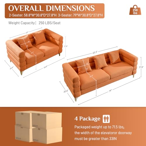 Living Room Sofa and Loveseat Set, Modern Overstuffed Boucle Sherpa Deep Seat Cloud Couch with 5 Pillows