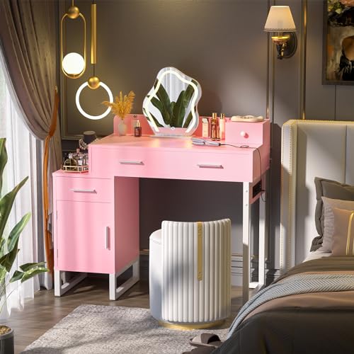 Vanity Desk with 4 Storage Drawers - Modern Makeup Vanity Table with Charging Station