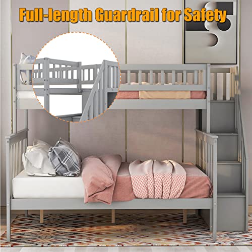 Harper & Bright Designs Bunk Beds Twin Over Full Size, Bunk Bed with Trundle,Storage Shelf and Stairway