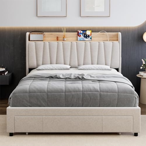 IDEALHOUSE Queen Size Bed Frame with Storage Headboard, Upholstered Platform Beds with Drawers, Charging Station, Noise-Free, No Box Spring Needed