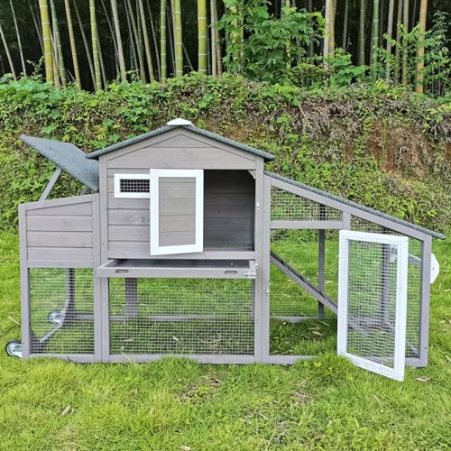 Chicken Coop and Run, Two Story Rabbit Hutch Indoor Outdoor, Wooden Hen House with Nesting Box Rabbit Cage, Ramp, Deep No Leak Pull Out Tray