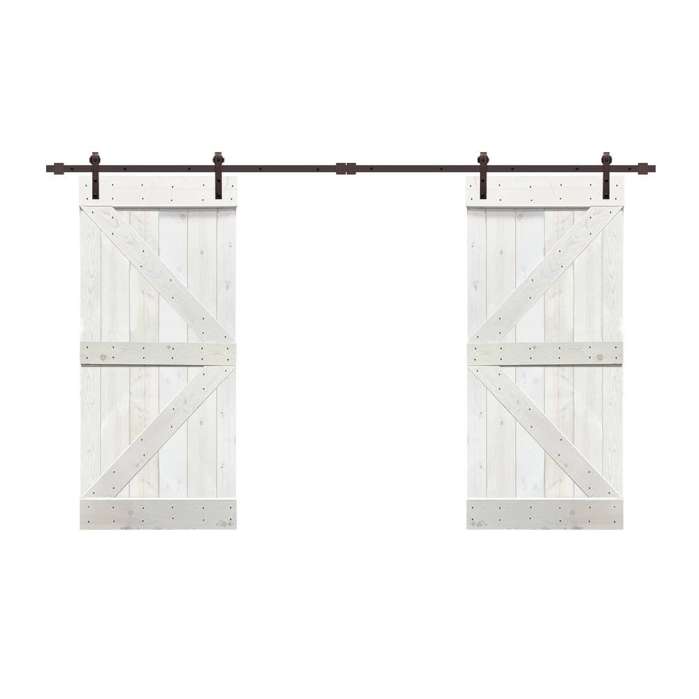 Calhome 84 in. x 84 in. K Series White Stained Solid Knotty Pine Wood Interior Double Sliding Barn Door with Hardware Kit