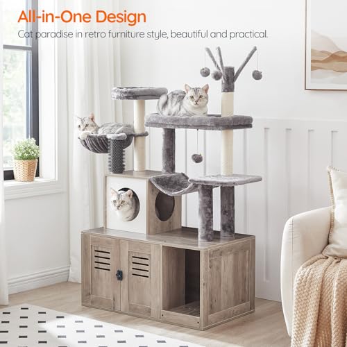 HOOBRO Large Hidden Litter Box, Cat Tree with 30.7'' Long Litter Box Enclosure, Modern Cat Tower, Cat Condos with Scratching Posts, Rubbing Post