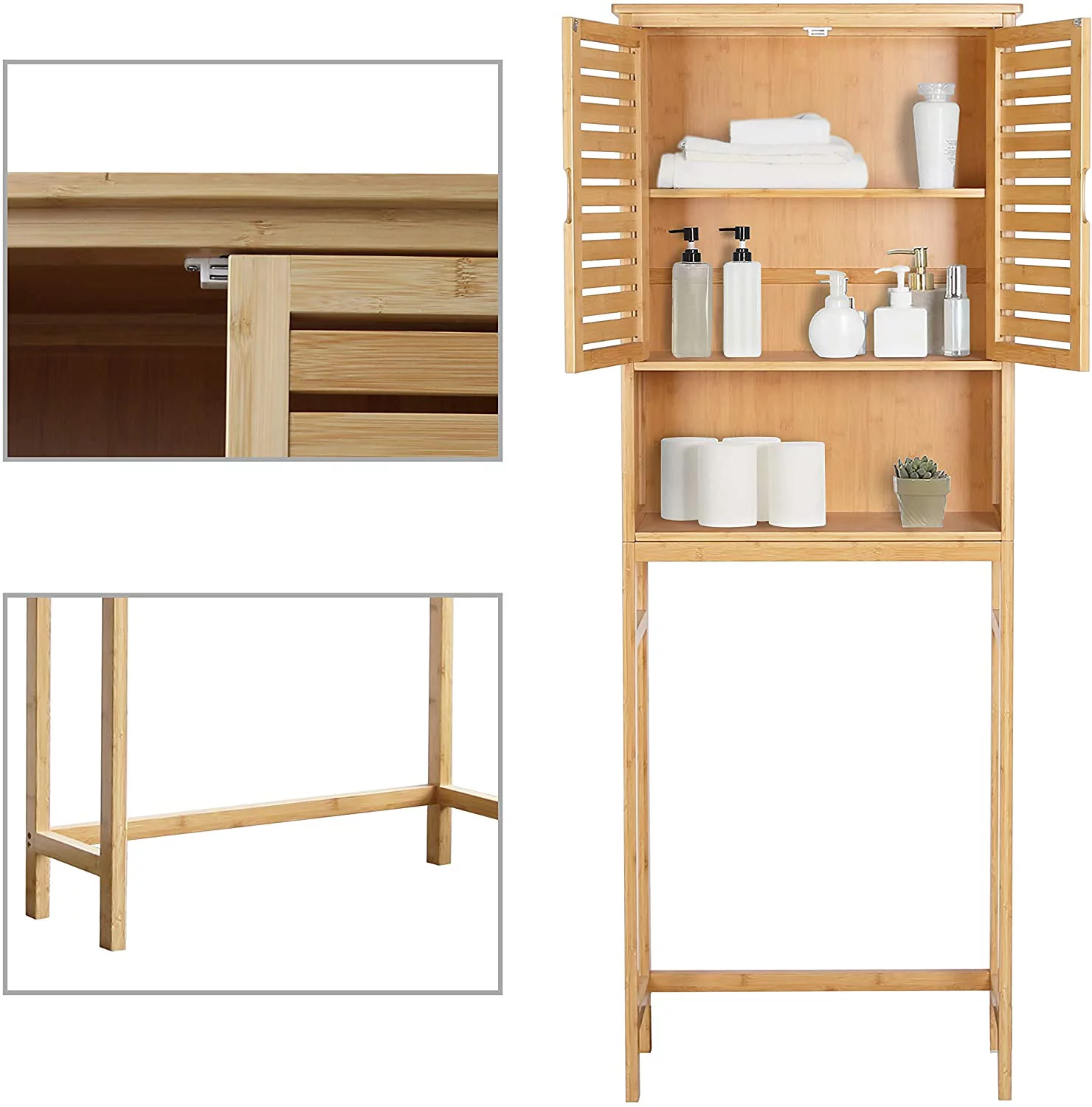 Bamboo Over-The-Toilet Storage Cabinet Bathroom Organizer with Shelf and Cupboard, Freestanding Small Over The Toliet Cabinet, Space Save, Natural