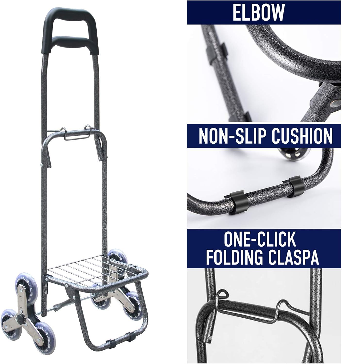 Foldable Shopping Cart, Heavy Duty Grocery Cart with Rubber Tri-Wheel for Easy to Climb Stairs