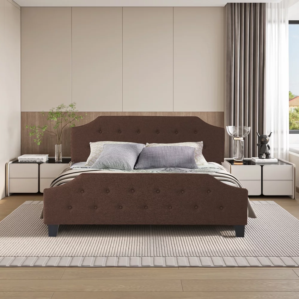 Upholstered Tufted Platform Bed Frame with Bonus Base Wooden Slat System, Queen, Brown