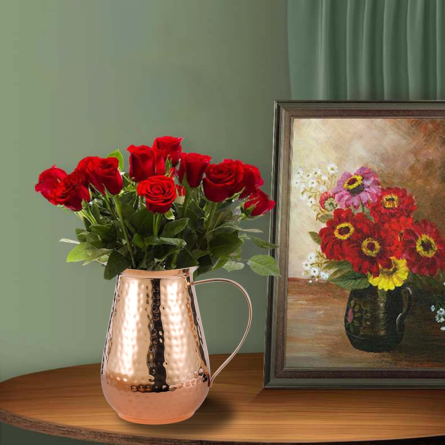 Pure Copper Water Pitcher with lid , 100% Solid Copper Jug, Capacity 70 Oz, Copper Hammered Vessel, Copper Carafe For Ayurveda Health