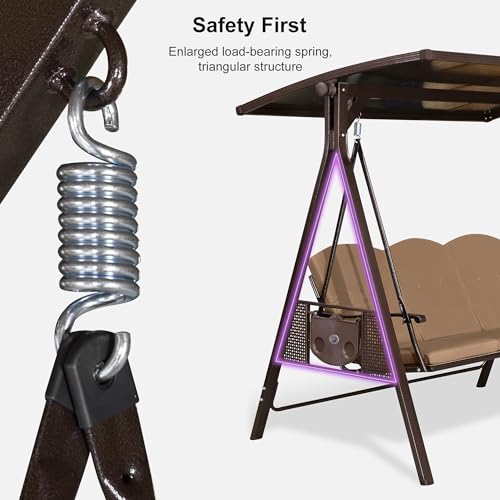 PURPLE LEAF Outdoor Patio Porch Swing with Adjustable PVC Canopy, 3-seat Swing Chair Bench with Side Cup Holder for Backyard Front Porch Lawn