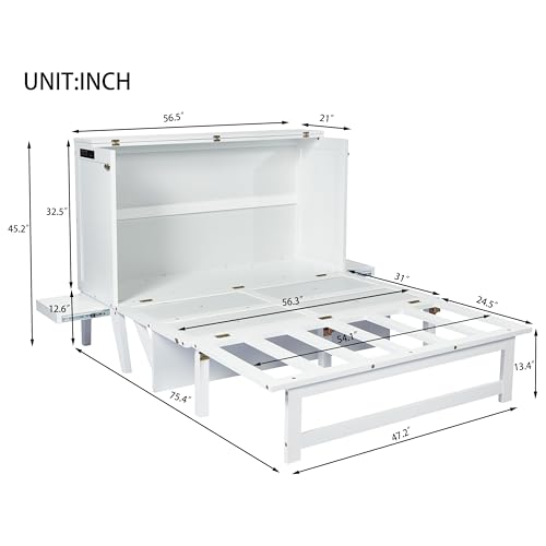 Queen Murphy Bed with Desk and Removable Shelves on Each Side, Murphy Bed Chest Murphy Bed Frame w/USB Port for Home Office, Studio or Guest Room