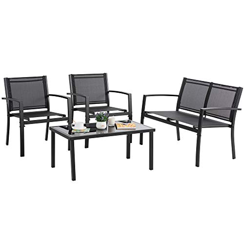 Vongrasig 4 Pieces Patio Furniture Sets,Outdoor Patio Conversation Sets with Glass Coffee Table, Small Porch Balcony Furniture
