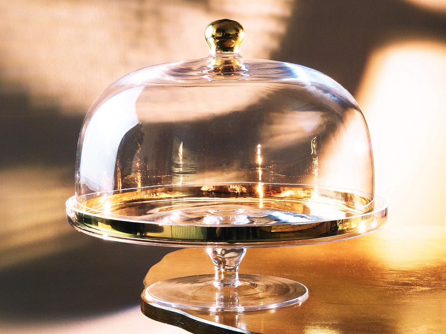 Glass - Cake Stand - and - Dome - with - Gold Rim - and - Gold Knob - for - Cake - Fruit - Cheese - 11.75" Diameter - Made in Europe - by Barski