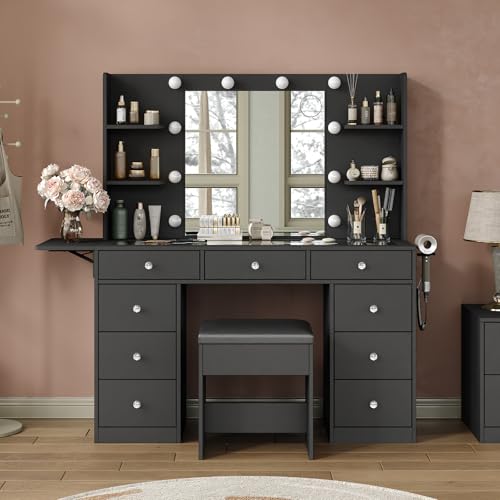 Vanity Desk & Power Outlet, Makeup Vanity with Mirror and 10 LED Lights, 3 Lighting Modes Brightness Adjustable