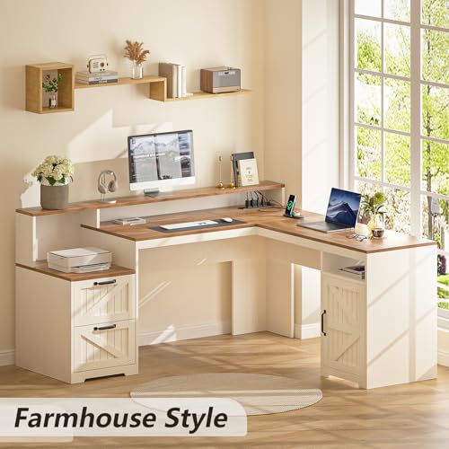 63" Farmhouse L Shaped Executive Desk with Drawers & Storage Shelf, Corner Computer Desk with Power Outlets, L Shaped Office Desk with Monitor Stand