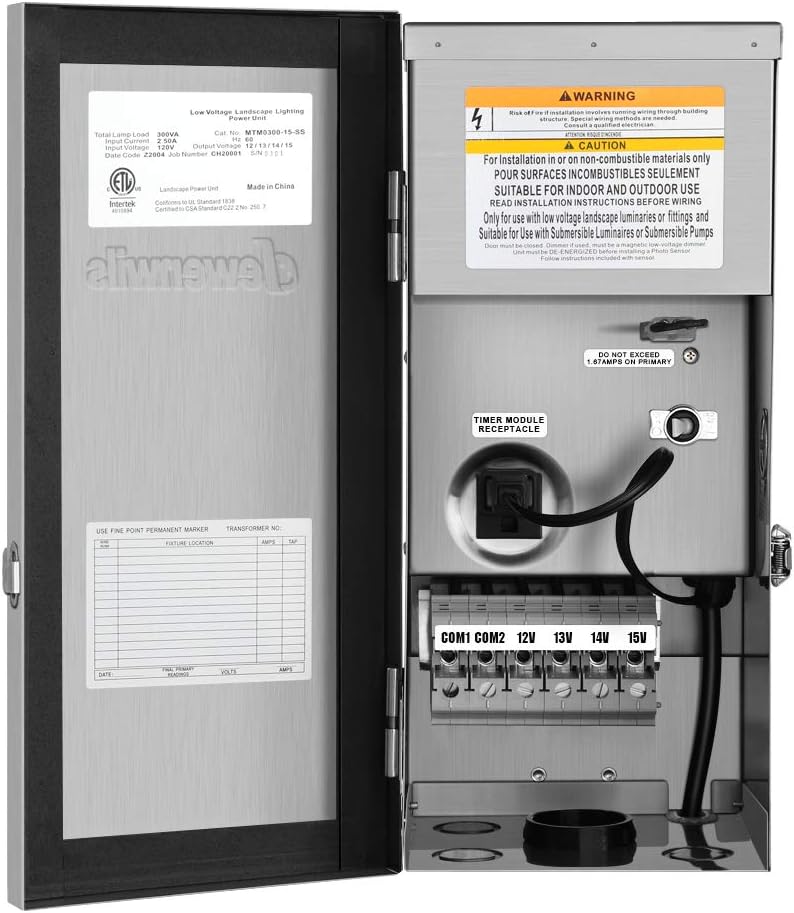 DEWENWILS 200W Multi-Tap Low Voltage Transformer, 120V AC to 12V/13V/14V/15V AC,Stainlees Steel Shield