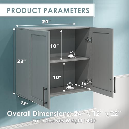 Wall Storage Cabinet - Kitchen Laundry Wall Amount Cabinet with Two Shaker Doors and Shelf, in Grey, 24'Wx2 Pcs