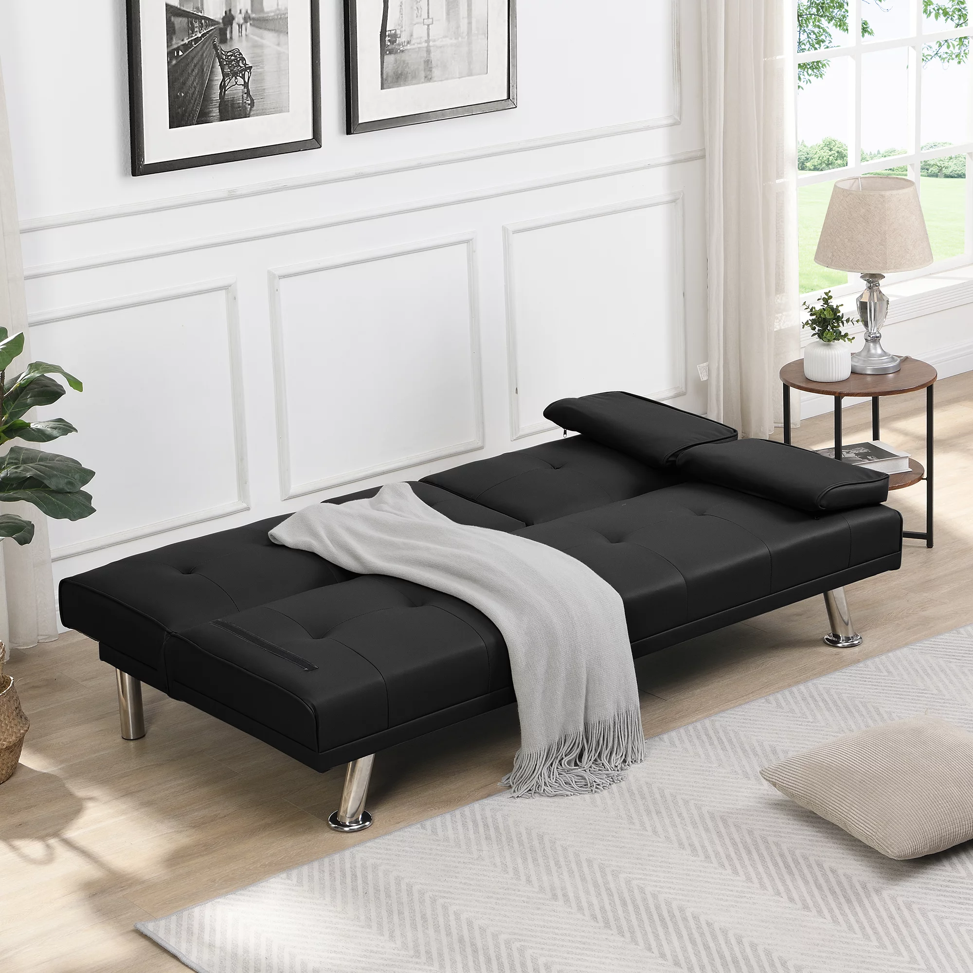 BASTCH Home Futon Sofa Bed, 67 Inch Sofa bed with Removable Armrests, Wood Frame, 2 Cup Holders, Convertible Sofa Bed for Living Room
