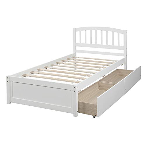 Twin Size Platform Bed with 2 Storage Drawers, Solid Wood Twin Bed Frame with Slat support and Headboard for Kids, Teen, Adults