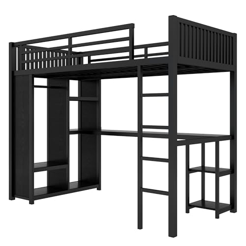Queen Size Modern Metal Loft Bed with Wardrobe and L-Shaped Desk,Storage Cubes and Shelves,for Kids Teens Adults Bedroom Use (Black#h, Queen)