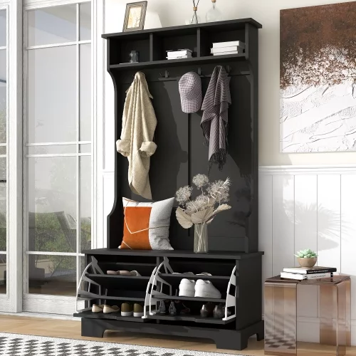 THINK 30,Wood Hall Tree with 2 Flip Shoe Storage Drawers and 3 Top Shelves, Hallway Organizer with Storage Bench and Metal Hanging Hooks, Black