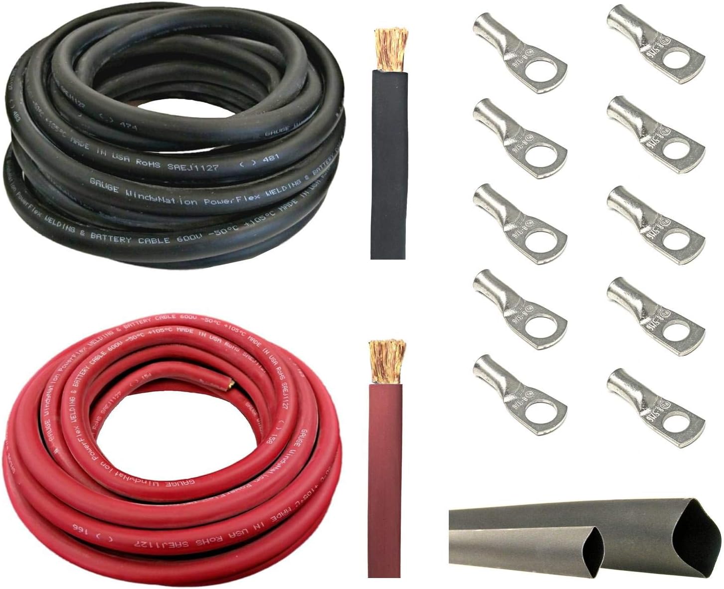 WNI 4/0 AWG 4/0 Gauge 10 Feet Black + 10 Feet Red Battery Welding Pure Copper Ultra Flexible Cable + 5pcs of 5/16" & 5pcs 3/8" Copper Cable Lug