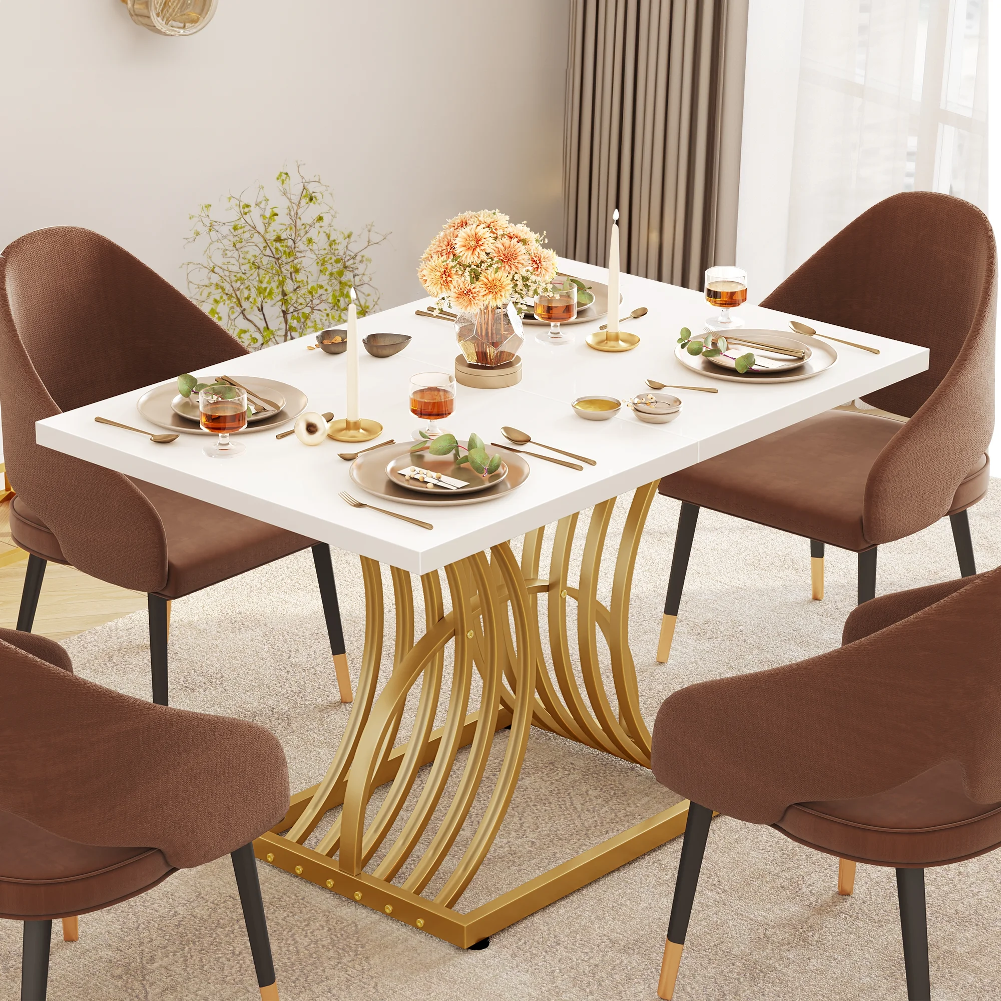 Dextrus 46.9" Modern Gold Dining Table, Rectangular Elegant Dinner Room Table Kitchen Table for 4-6 People Seats,Living Room, White & Gold