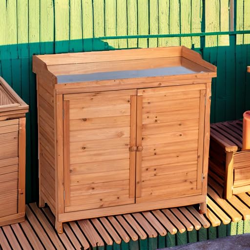Outdoor Garden Patio Wooden Storage Cabinet Furniture Waterproof Tool Shed with Potting Benches Outdoor Work Station Table (Natural)
