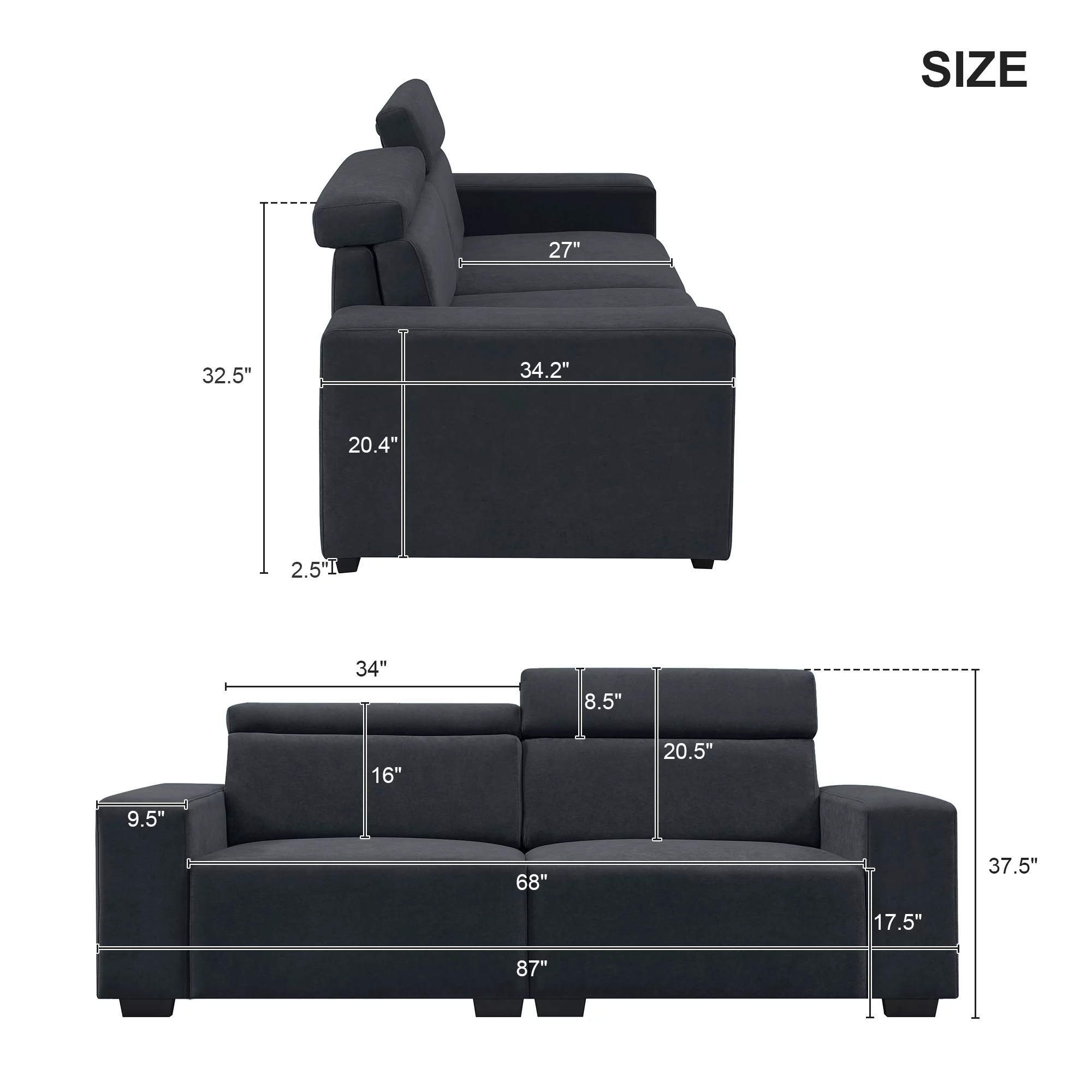 Soges 87" Velvet Loveseat Modern 2-Seater Sofa Couch with Multi-Angle Adjustable Headrest for Living Room, Black