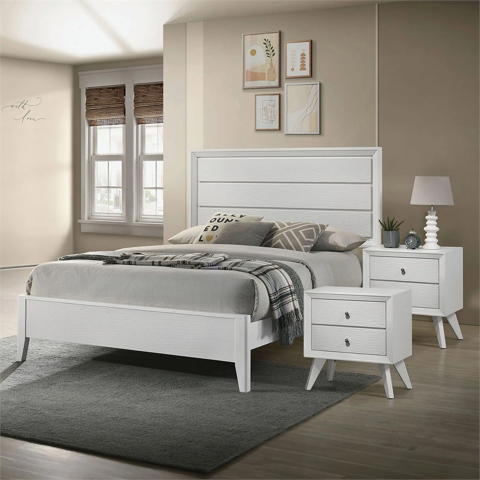 Bowery Hill 3pc White Wood Bedroom Set - King + 2 Nightstands