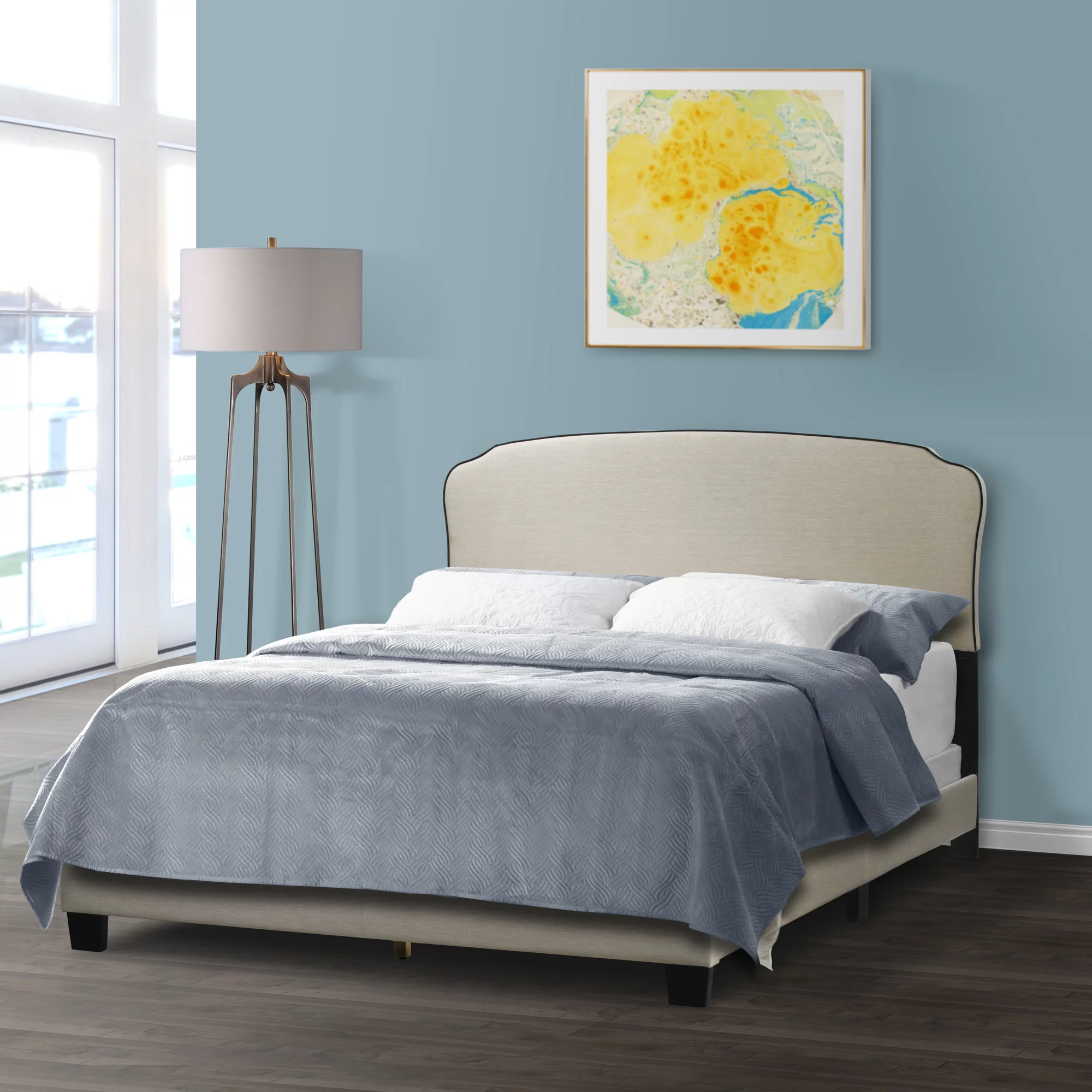 Glamour Home Aric Fabric Queen Bed with Contrasting Piping Accent in Beige