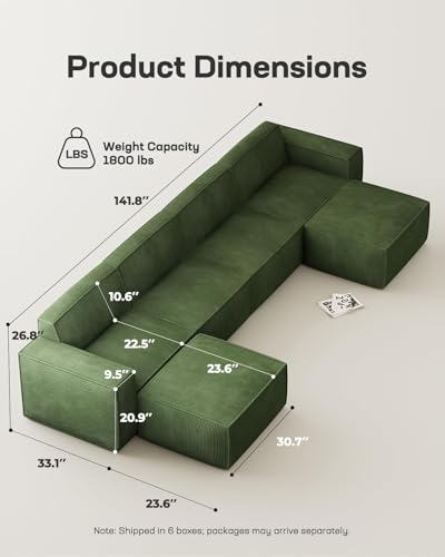 Marsail 142" Oversized Deep U Shaped Modular Sofa, Corduroy Cloud Couches with Deep Seats and High-Back Design