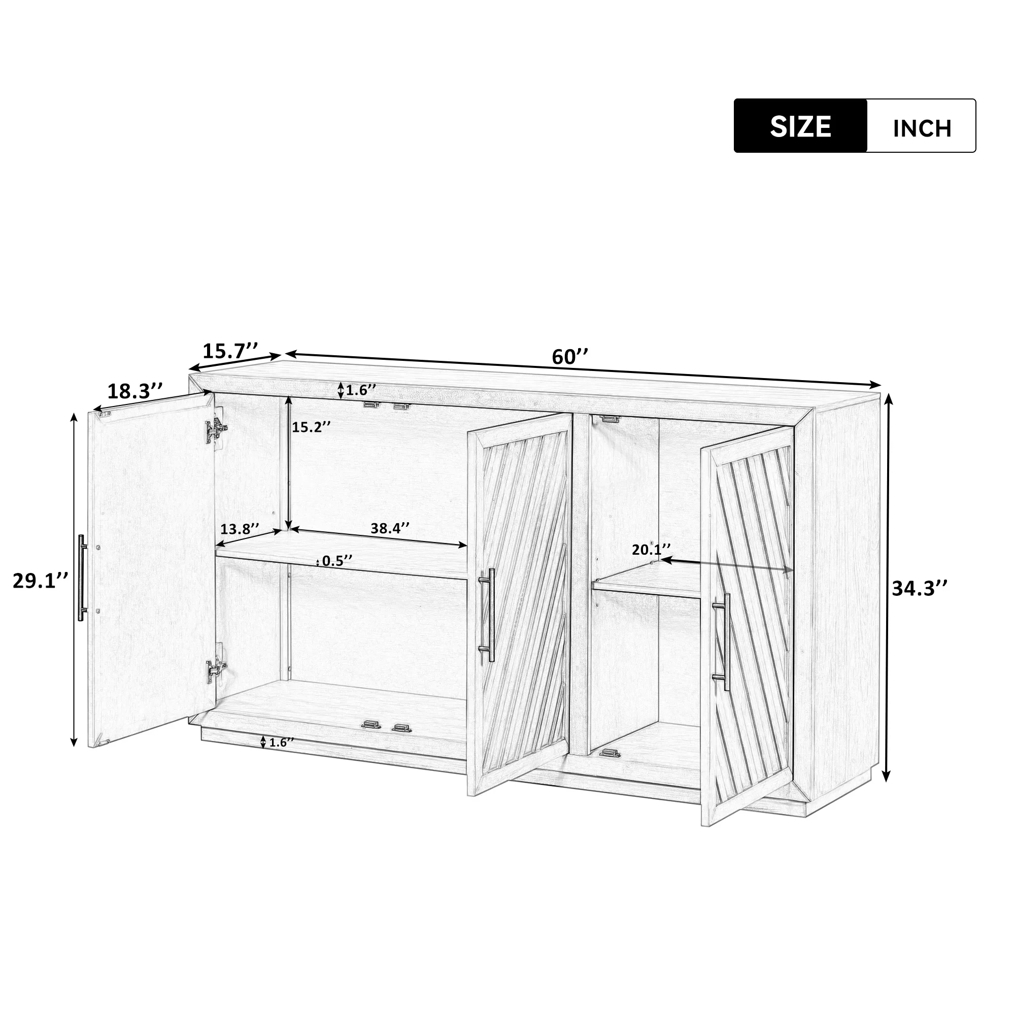 Churanty 3 Doors Large Storage Vintage Sideboard Cabinet, 60'' Retro Sideboard with Adjustable Shelves