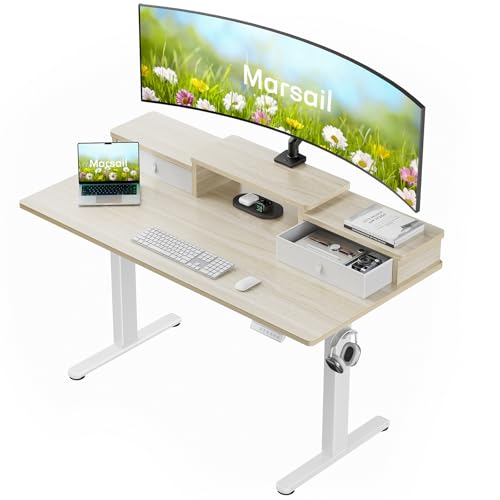 Marsail Electric Standing Desk with Drawers, 55″ x 28″ Height Adjustable Sit Stand Up Desk with Storage Shelf