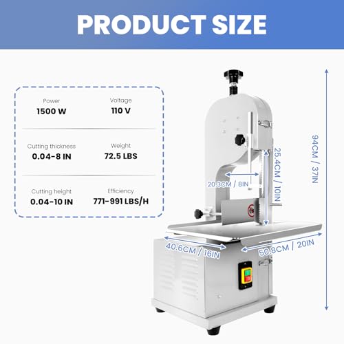 1500W Electric Bone Saw Machine | 20" x 15" Meat Cutting Table | Stainless Steel Bandsaw Machine | 0.04-8" Cutting Thickness with 8 Saw Blades |