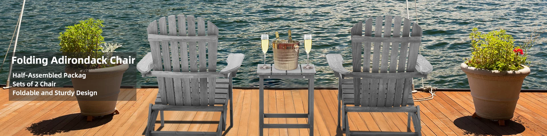 Outdoor Adirondack Chairs, Seizeen Wooden Folding Adirondack Chair Set of 2, Patio Furniture Set Lounge Chairs Quick Assembled