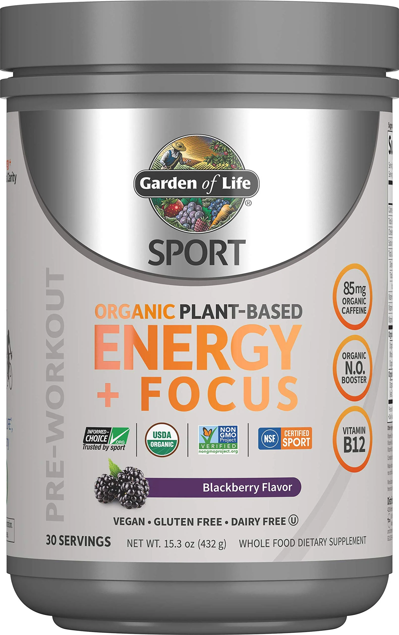 Garden of Life Sport Organic Plant Based Energy + Focus Clean Pre Workout Powder, with 85mg Caffeine, Natural No Booster, B12, Vegan, Gluten Free