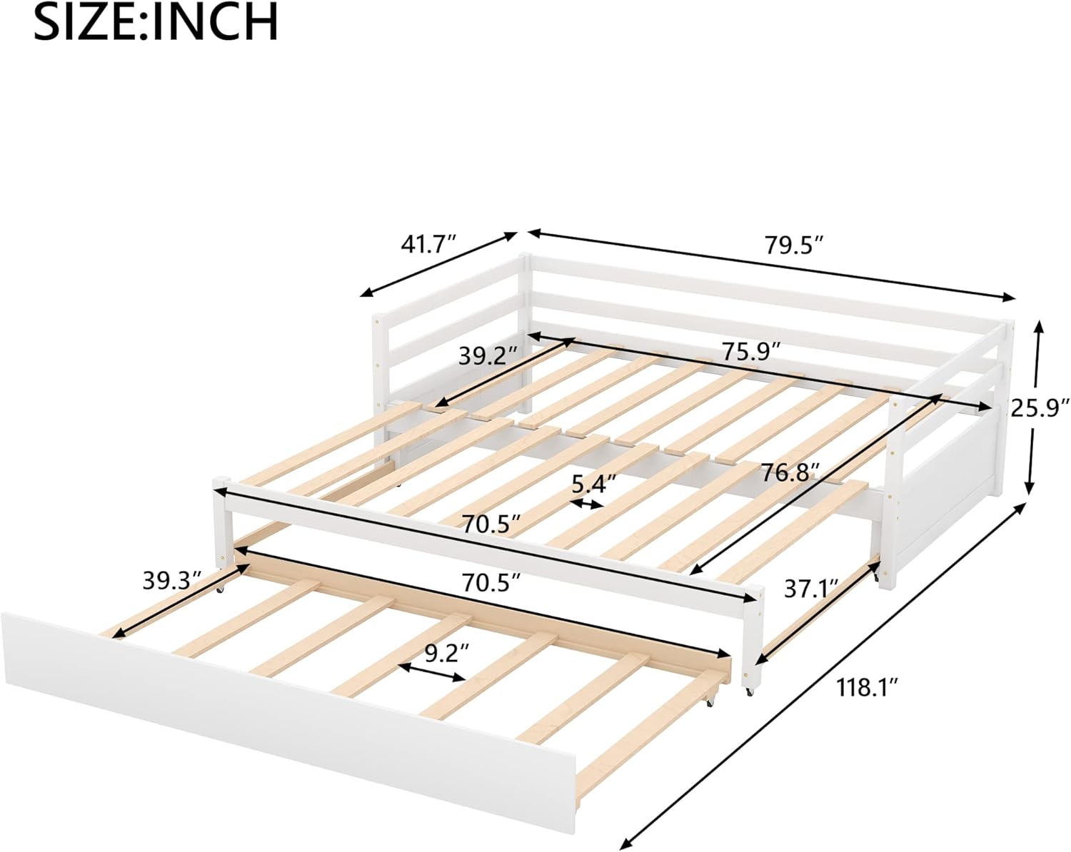 Extendable Daybed with Trundle, Wood Twin to Double Twin Daybed with Pull Out Trundle, Trundle Daybed for Kids Teens