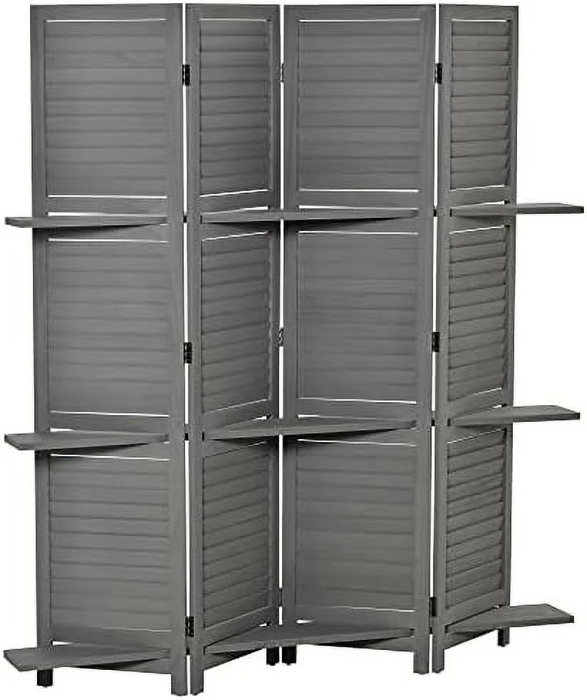 RUNFAYBIU 4 Panel 67" Tall Wood Privacy Screen Room Divider with 3 Display Shelves  and Folding  for Bedroom or Home Office  Grey