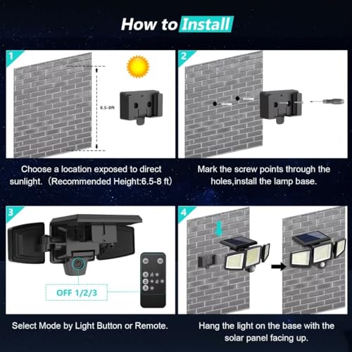 Tuffenough Solar Outdoor Lights 2500LM 210 LED Security Lights with Remote Control,3 Heads Motion Sensor Lights, IP65 Waterproof