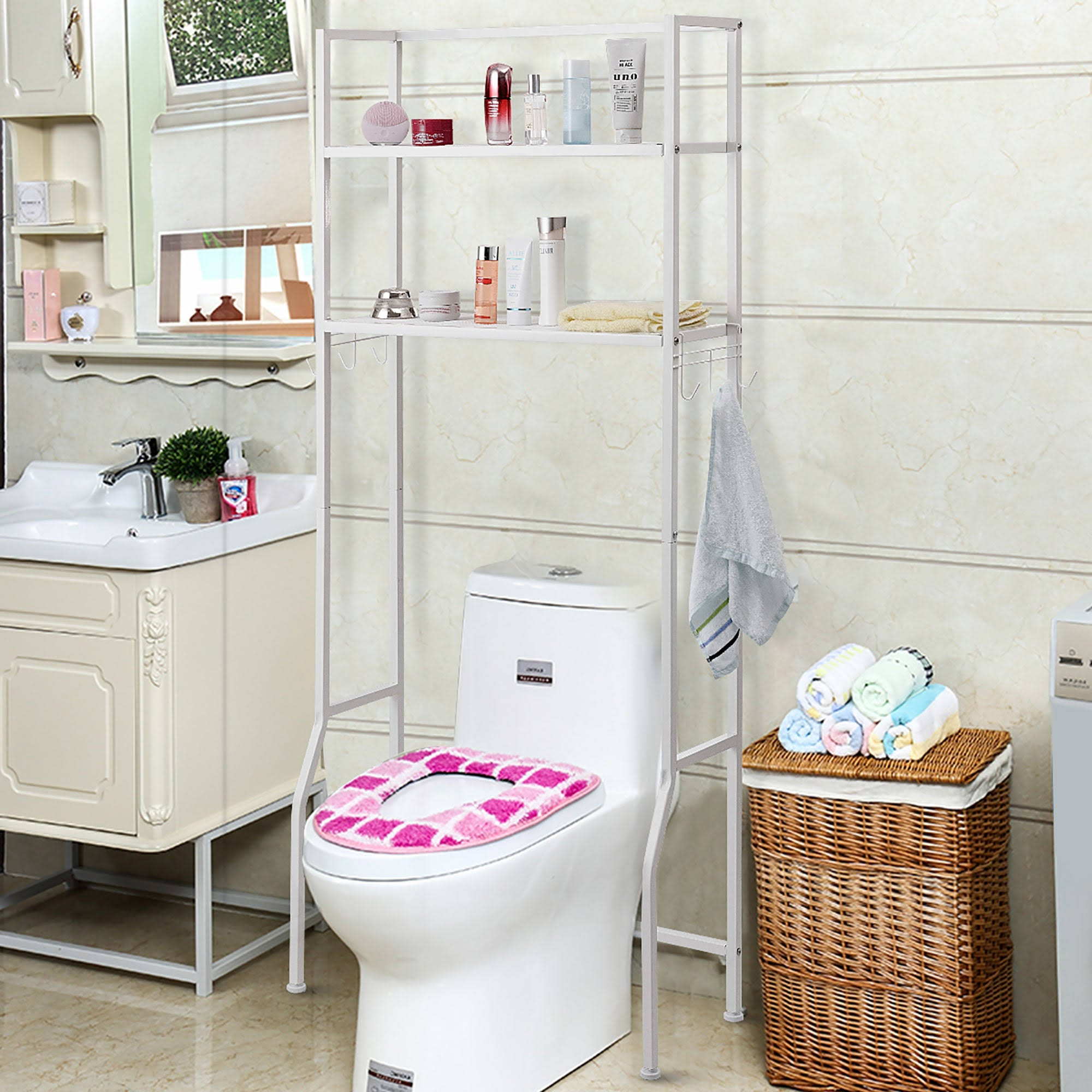 Over-the-Toilet Storage Bathroom Shelf with 2 Tier Rack - Oak Finish - White
