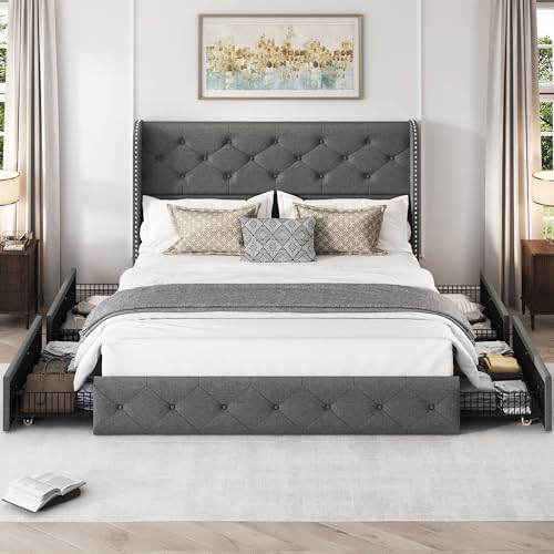 King Size Bed Frame with 4 Storage Drawers and Tufted Headboard Linen Upholstered Platform Bed Frame Wingback Beds with Wooden Slats Support