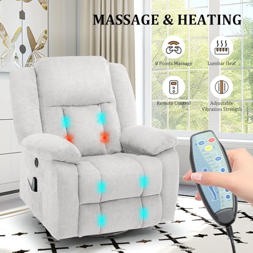 Rocker Recliner Chair, Glider Recliner Chairs for Adults, 360° Swivel Recliner with Massage and Heating